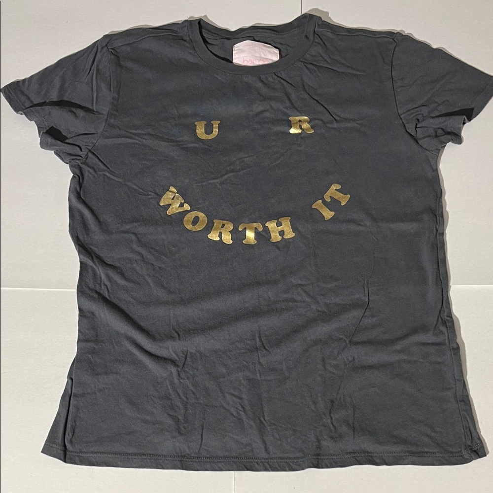 Ban.do U R Worth It Graphic Tee T-Shirt XS Gray Gold Top